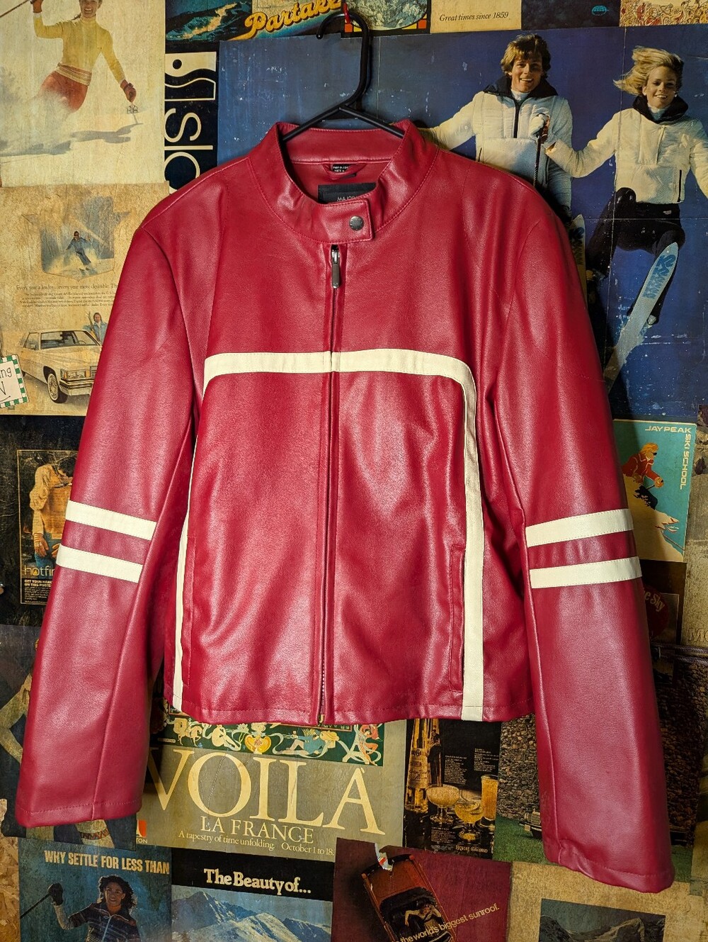 Majora Red Faux Leather Moto Racing Jacket Cream Stripes NWOT Womens Large Y2K